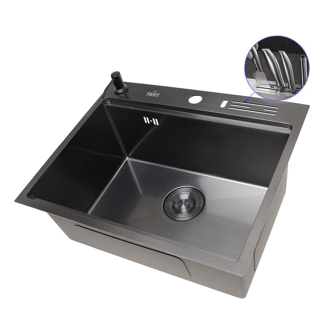 Комплект чорної мийки на кухню та змішувача з нержавіючої сталі NB-5747