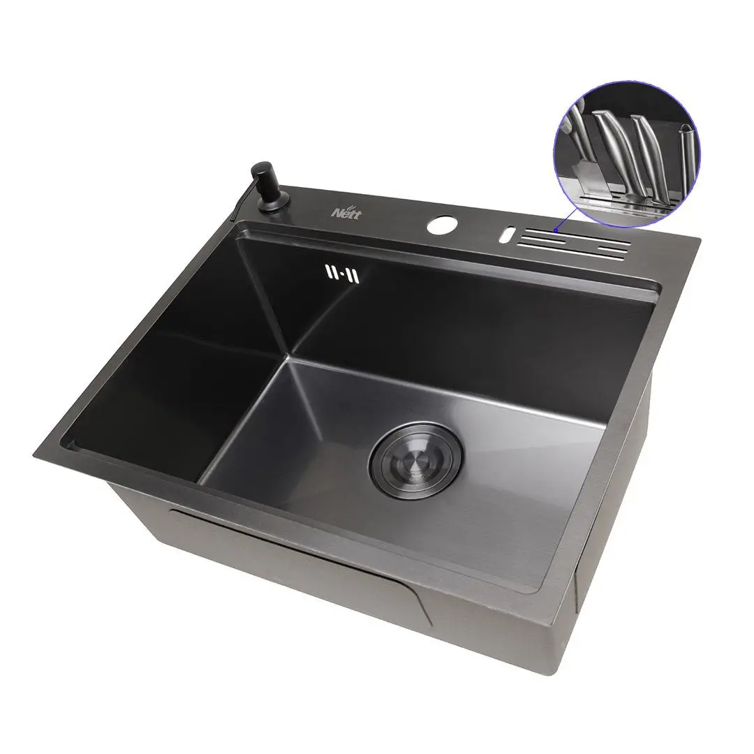 Комплект черной мойки на кухню и смеситель из нержавеющей стали NB-5747