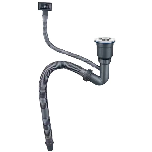 Сифон для мийки на кухню з нержавійки з переливом фото