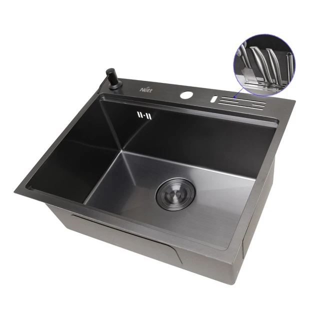 Уцінена мийка для кухні чорна з нержавійки з PVD покриттям багатофункціональна Nett NB-5747 фото