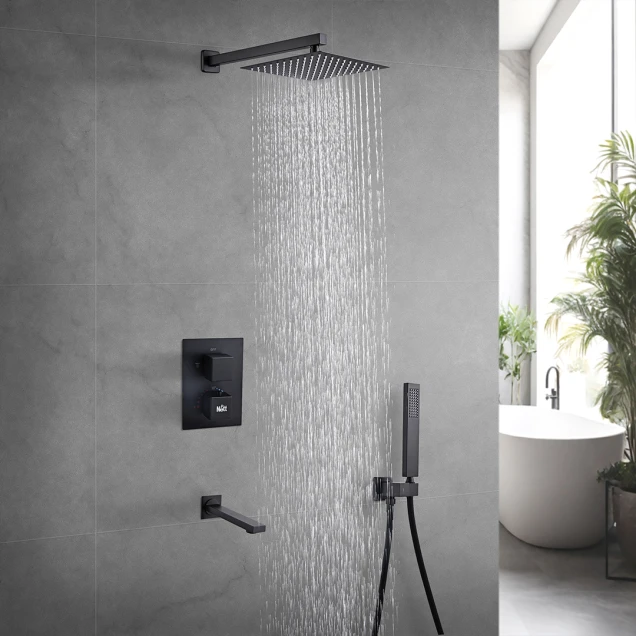 Черная душевая система с термостатом внутреннего монтажа с изливом Nett TSB-521 фото