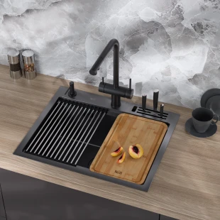 Мийка для кухні чорна з нержавійки з PVD покриттям багатофункціональна Nett NB-5747 фото