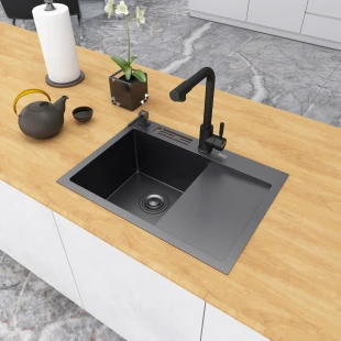 Чорна раковина на кухню з правим крилом Nett NB-6045(R) фото