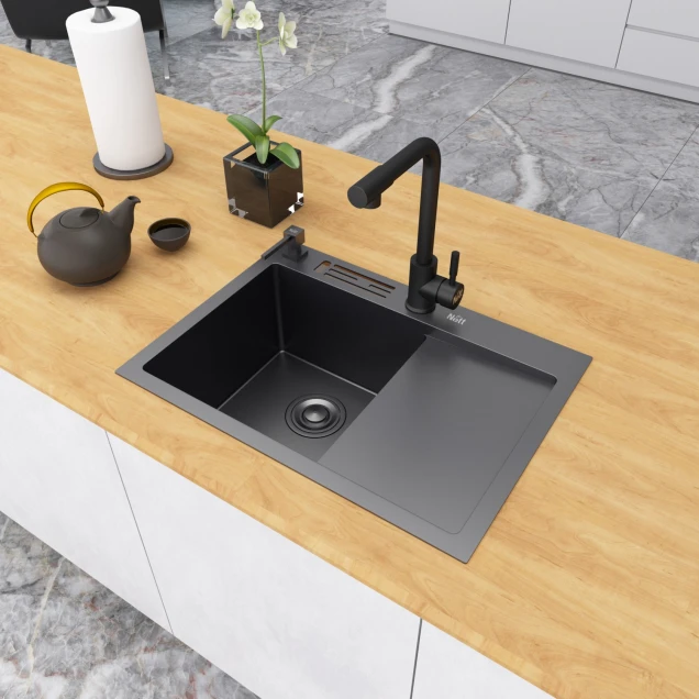 Чорна раковина на кухню з правим крилом Nett NB-6045(R) фото