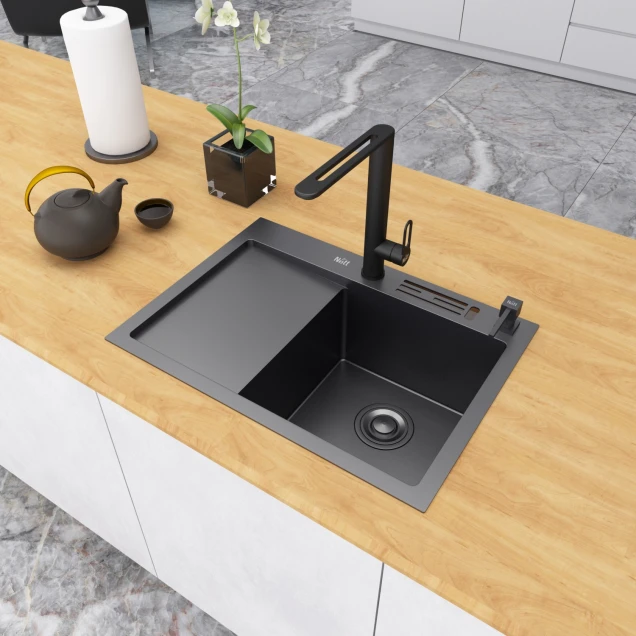 Черная раковина на кухню с левым крылом Nett NB-6045(L) фото