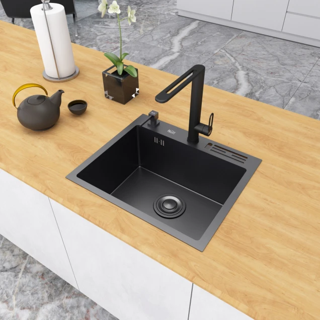 Чорна кухонна мийка 45 см накладна з нержавійки Nett NВ-5245 фото