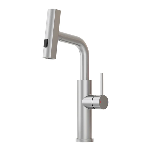 Змішувач на кухню водоспад з висувною лійкою нержавіючий Nett LS-35 фото