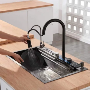 Кухонний змішувач чорний з водопадом/висувною лійкою нержавіючий Nett OB-38 фото