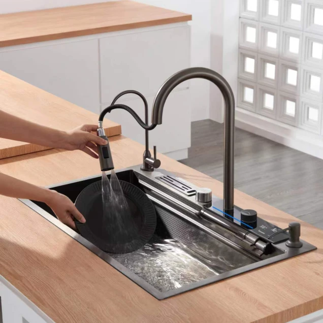Кухонный смеситель графитовый с водопадом/выдвижной лейкой нержавеющий Nett OG-38 фото