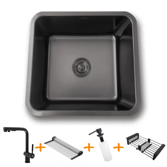 Комплект чорної кухонної мийки та змішувача з нержавіючої сталі NB-4643 фото