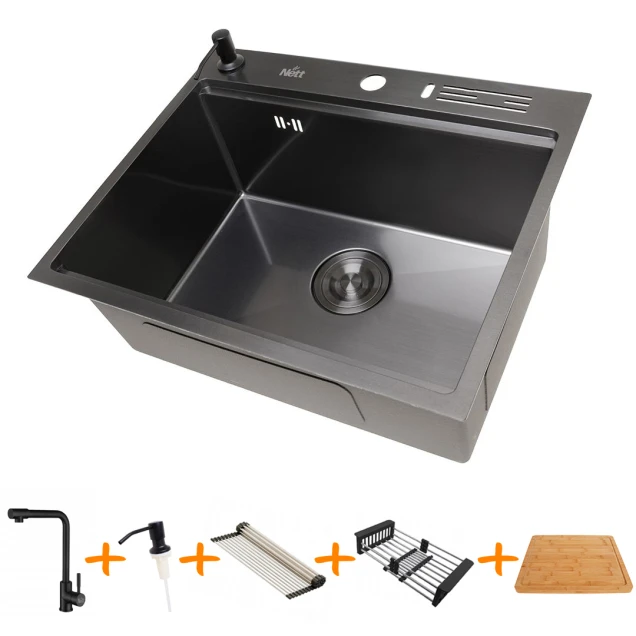 Комплект чорної мийки на кухню та змішувача з нержавіючої сталі NB-5747 фото