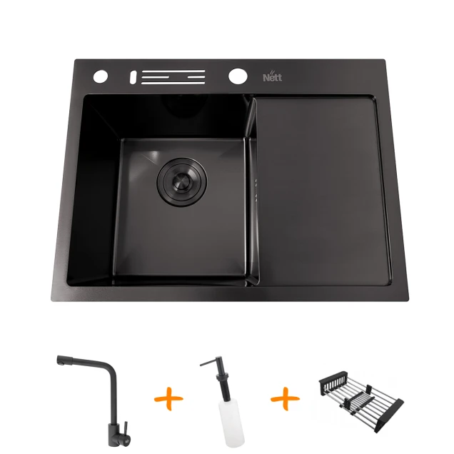 Комплект чорної кухонної мийки та змішувача з нержавіючої сталі NB-6045 фото