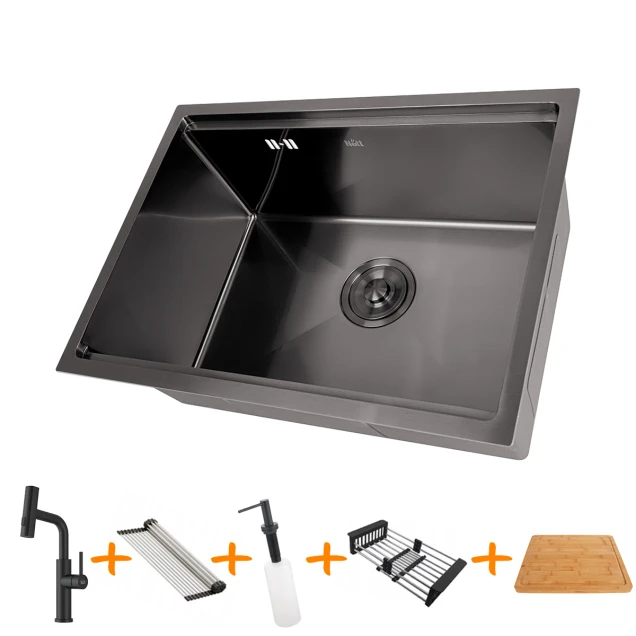 Комплект чорної кухонної мийки та змішувача з нержавіючої сталі NB-5742 фото