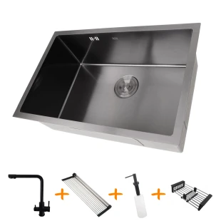Комплект чорної кухонної мийки та змішувача з нержавіючої сталі NB-6845 фото