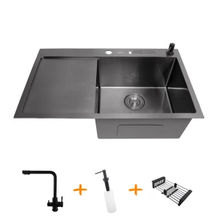Комплект чорної кухонної мийки та змішувача з нержавіючої сталі NB-7848 фото