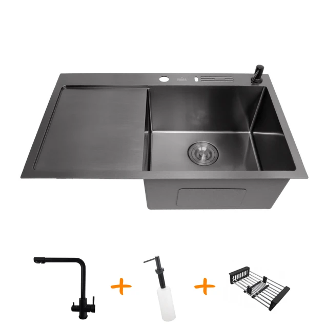 Комплект чорної кухонної мийки та змішувача з нержавіючої сталі NB-7848 фото