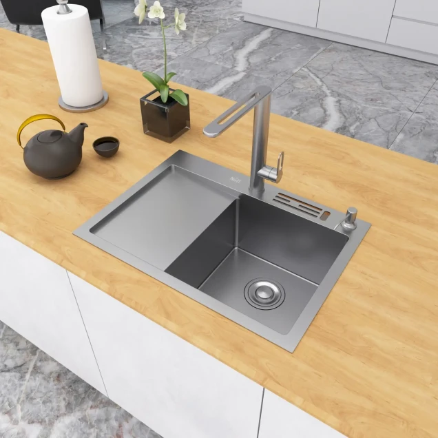 Накладна мийка на кухню нержавіюча з лівим крилом 1.5 мм Nett NS-6045(L) фото