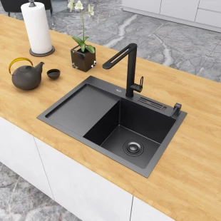 Чорна кухонна мийка накладна з лівим крилом 1.5 мм Nett NB-6045(L) фото