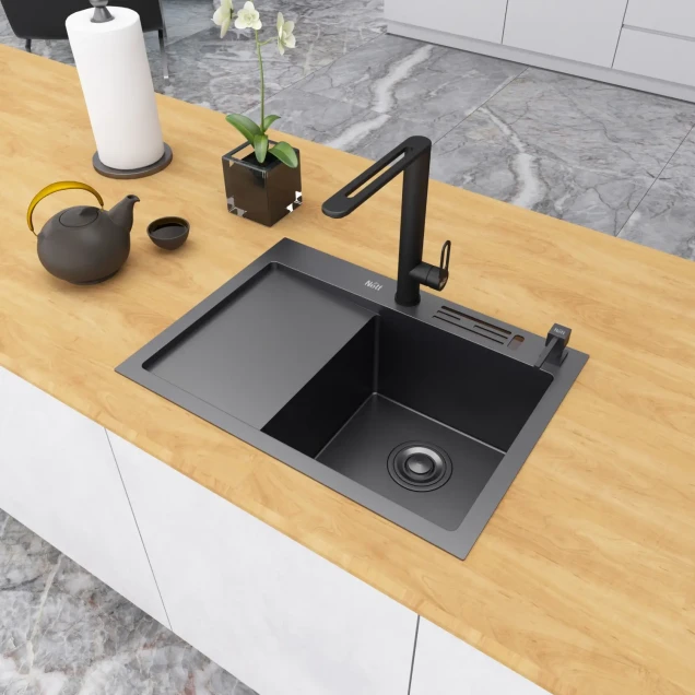 Чорна кухонна мийка накладна з лівим крилом 1.5 мм Nett NB-6045(L) фото