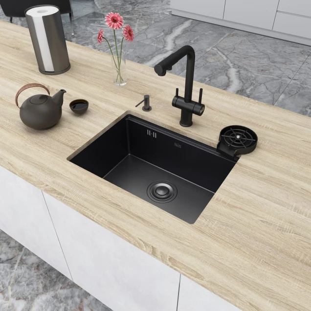 Уцінена кухонна мийка чорна під стільницю 1.5 мм з PVD покриттям Nett NB-5742 фото