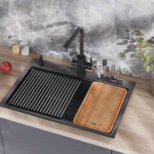 Уцінена чорна кухонна мийка з нержавійки багатофункціональна Nett NB-7048 фото