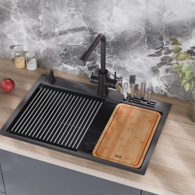 Уцененная черная кухонная мойка с нержавейки многофункциональная Nett NB-7048 фото