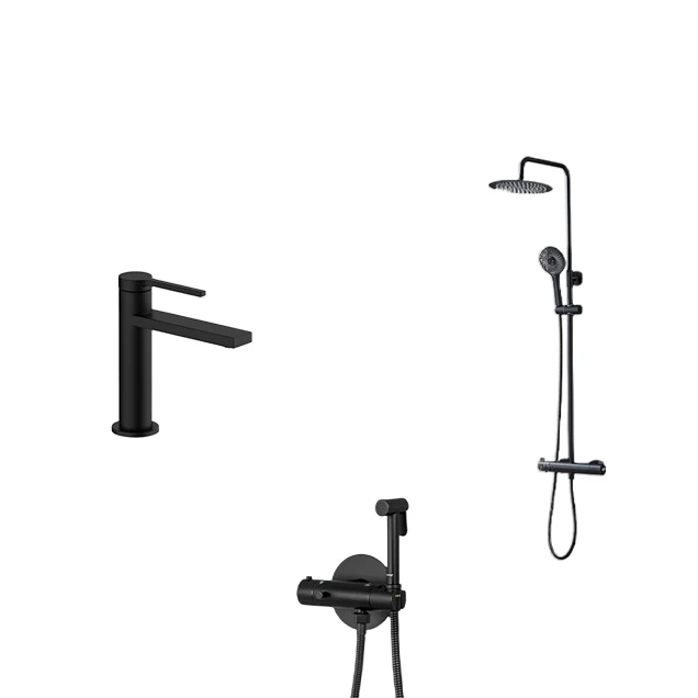 Комплект чорної душової системи з термостатом, змішувача на умивальник та гігієнічного душа Nett SSB-24 + VB-22 + Gappo G7290-6 фото